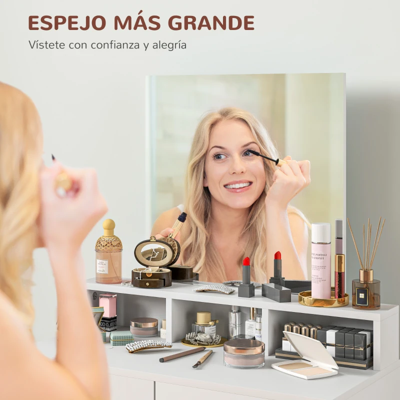 HOMCOM Mesa de Maquillaje con Espejo 2 Cajones 3 Compartimentos Tocador para Dormitorio 75x38x135 cm Blanco