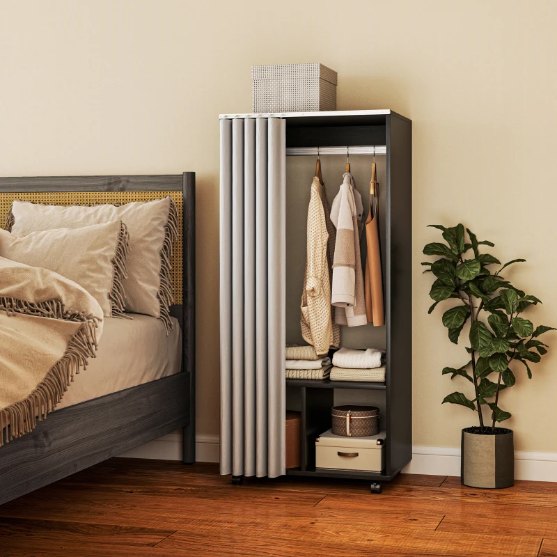 HOMCOM Kleiderschrank Mobiler Kleiderschrank mit Vorhang, Spanplatten, Kleiderstange, schwarz