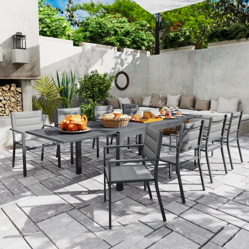 Outsunny Gartenmöbel-Set ausziehbarer Tisch 135-270 cm aus Aluminium und Textilene 6-10 Personen 8 stapelbare Stühle Grau