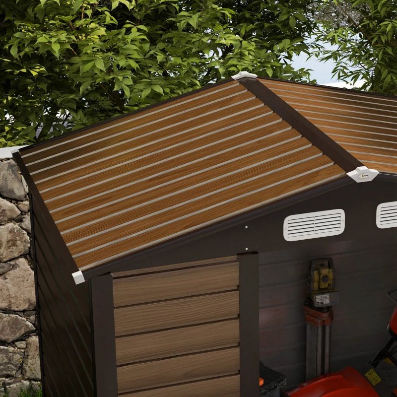 Outsunny Gartenlagerschuppen 2,27 m², Maße 190L x 131B x 188H cm inkl. Handschuhe abschließbare Tür Belüftungen Stahlblech Eiche