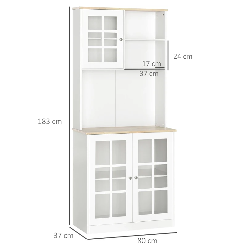 HOMCOM Küchenbuffet, Küchenschrank-Vitrine mit vielen Stauräumen, 3 Glasfronten mit Regal, 2 Fächer, große Arbeitsplatte, MDF weiß Eiche