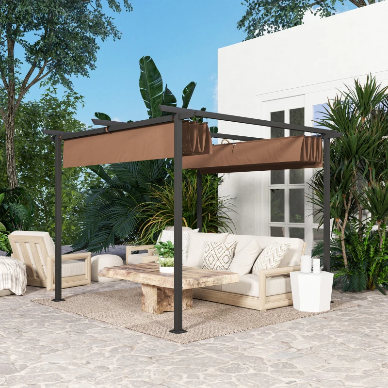 Outsunny Pergola Garten Outdoor 3x3 m ausziehbares Schiebedach 180 g/m² hochdichtes Polyester, Sonnenschutz UPF30+, braun