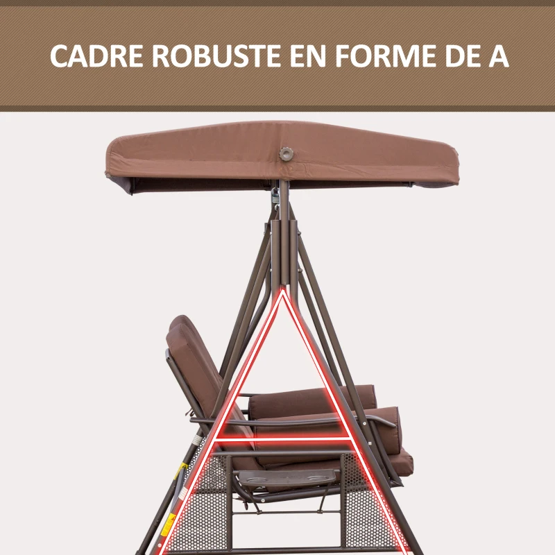 Outsunny Gartenliege für 2 Personen mit verstellbarem Sonnendach und Kissen aus Polyester-Spinnstoff Braun
