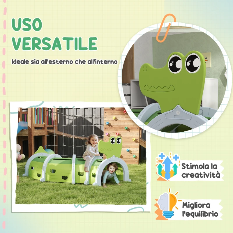AIYAPLAY Tunnel per Bambini 3-6 Anni a Forma di Coccodrillo, Gioco per Interno ed Esterno in Plastica, Verde