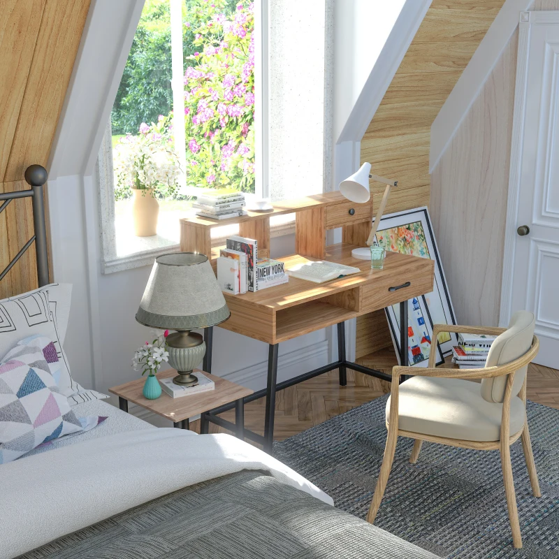 HOMCOM Bureau secrétaire bureau informatique dim. 105L x 55l x 100H cm 3 tiroirs + 3 niches piètement métal noir plateau imitation bois