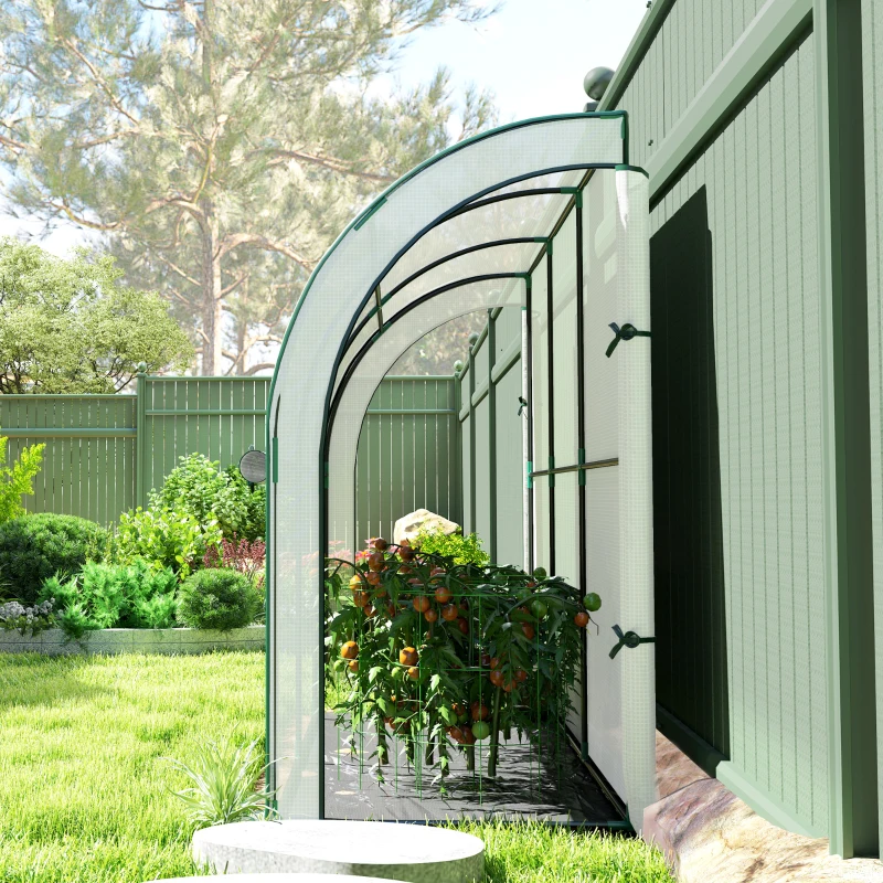 Outsunny Wandmontiertes Gewächshaus, Zugängliches Pflanzenhaus, Kunststoff-Plane, 300 x 80 x 157 cm, Weiß