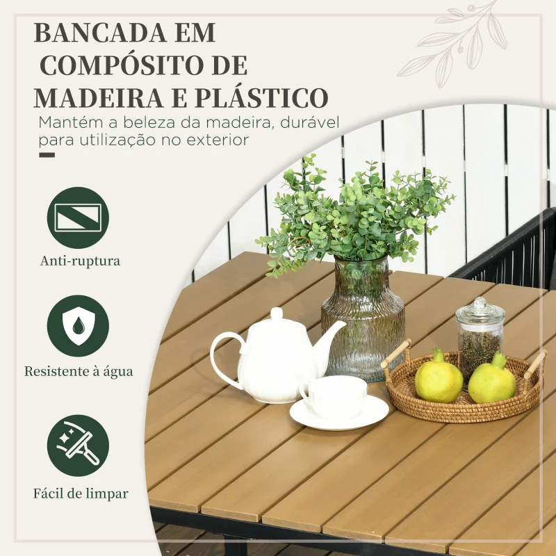Outsunny Conjunto de Jardim de Vime Sintético 5 Peças com Mesa Quadrada e 4 Cadeiras Almofadas Preto e Madeira