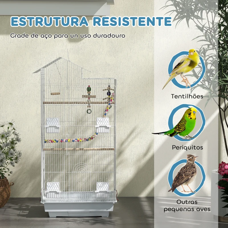 PawHut Gaiola para Passáros de Metal com Portas 4 Comedouros 3 Poleiros Baloiço Escadas e Bandeja Removível  46x36x100 cm Branco
