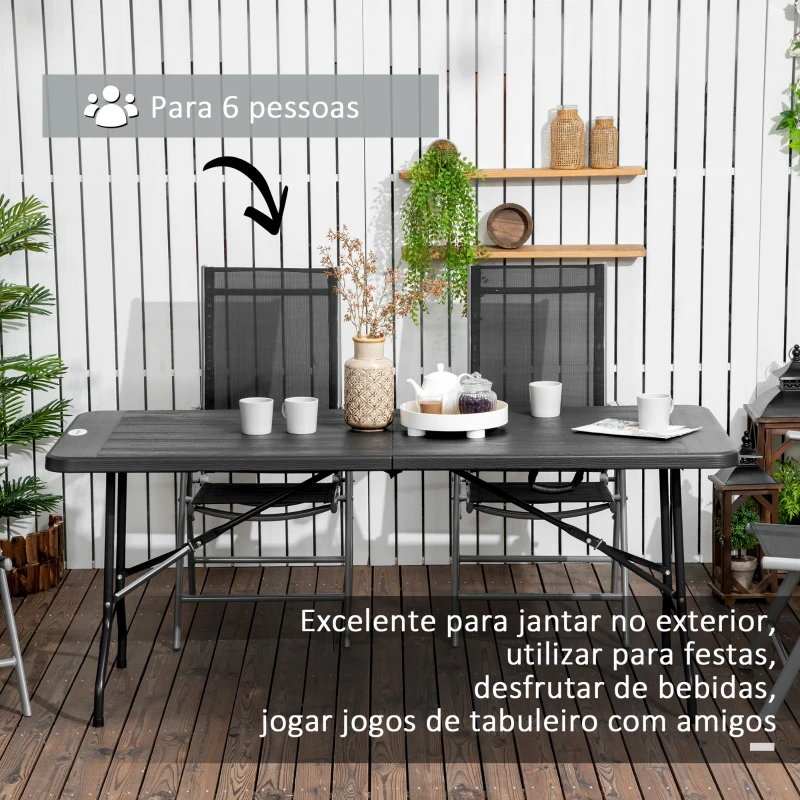 Outsunny Mesa Dobrável de Jardim Portátil 180x75,5x73 cm Mesa de Refeição de Exterior em Aço e HDPE com Alça de Transporte para 6 Pessoas Cinza Escuro