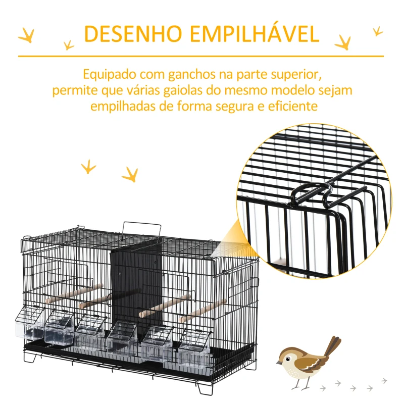 PawHut Gaiola para Pássaros com Divisória Ganchos Superiores Portas Comedouros Poleiros e Bandeja Amovível 59,5x26,5x39,5 cm Preto