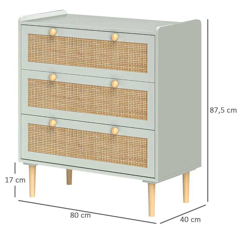 HOMCOM Commode pour la chambre avec 3 tiroirs, devantures en rotin, commode à vêtements pour l'entrée, l'entrée, MDF, Bleu Clair