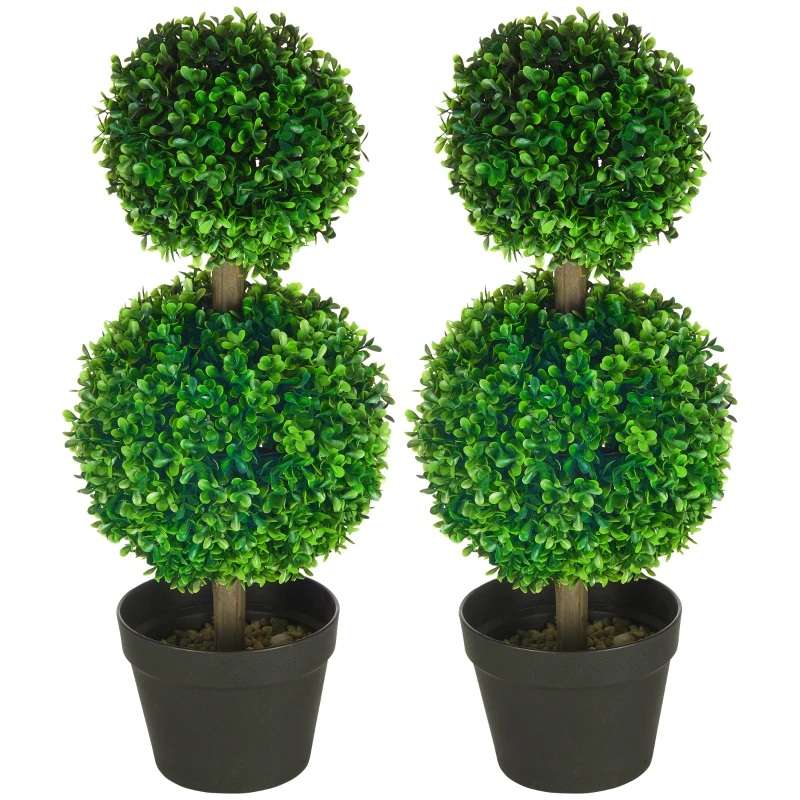 HOMCOM Lot de 2 arbres buis artificiel double boules avec tronc et pot inclus - hauteur 60 cm vert