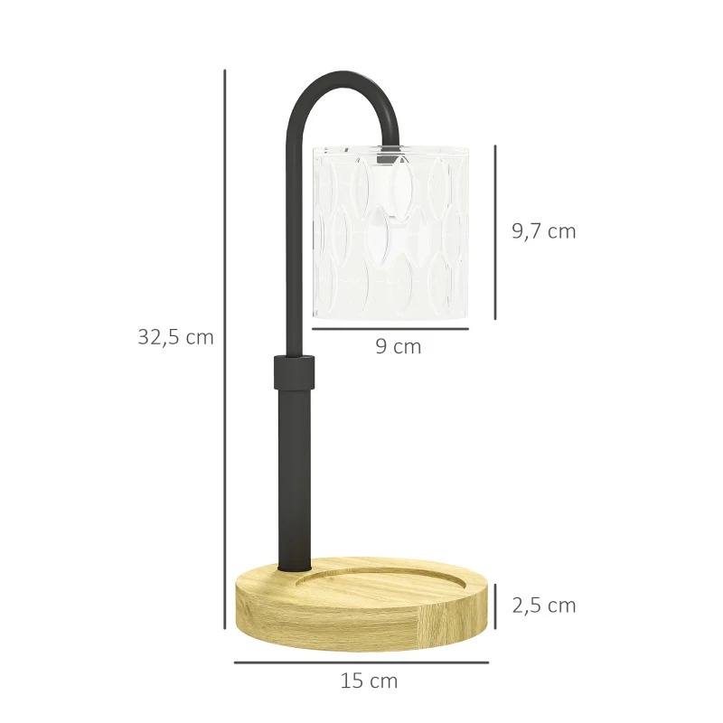 HOMCOM Candeeiro de Mesa Candeeiro Aquecedor de Vela com Base de Madeira Ecrã de Vidro Ø15x32,5 cm Multicor