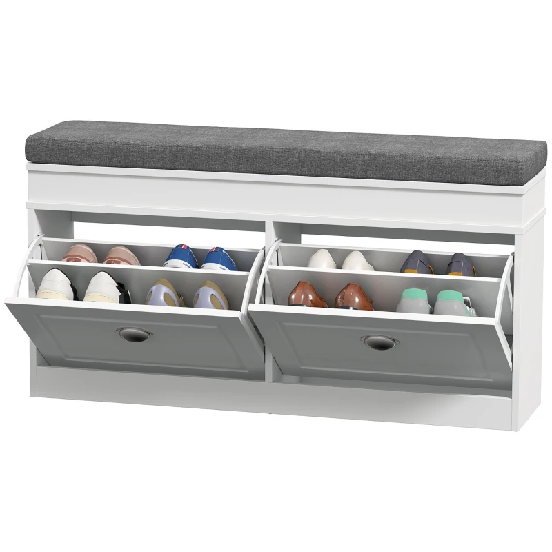 HOMCOM Shoe Storage Bench with Flip Drawers, Shoe Cabinet with Seat Cushion and Adjustable Shelf for Hallway, Entryway, Living Room, Bedroom, White
