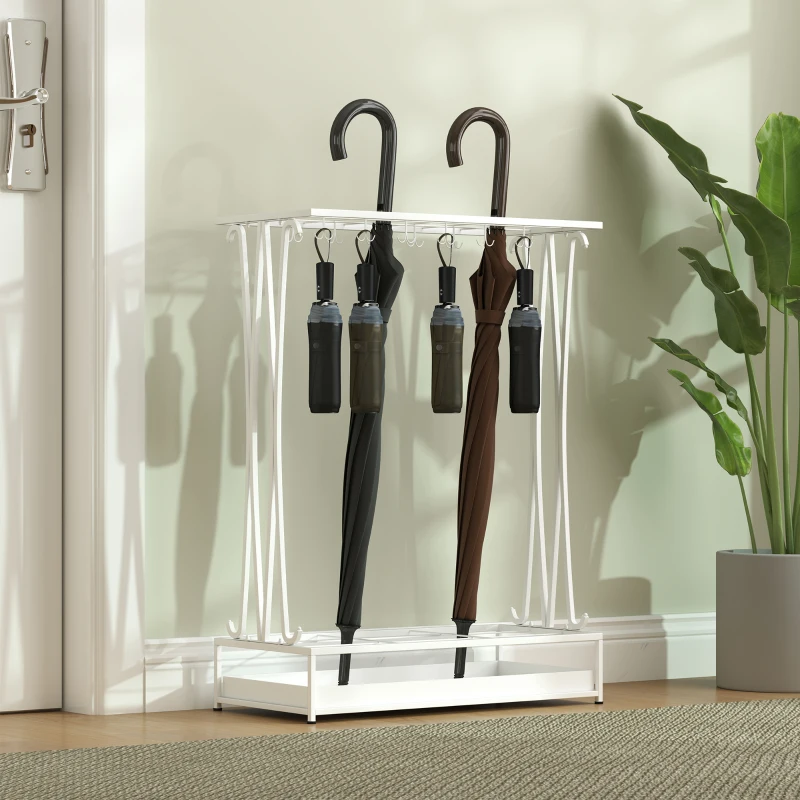HOMCOM Suporte para Guarda-Chuva Moderno Retangular com 24 Ganchos 21 Espaços e Bandeja Recolhedora de Gotas 50x24x68 cm Branco