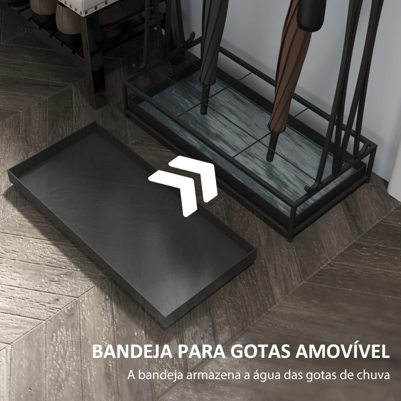 HOMCOM Suporte para Guarda-Chuva Moderno Retangular com 24 Ganchos 21 Espaços e Bandeja Recolhedora de Gotas 50x24x68 cm Preto