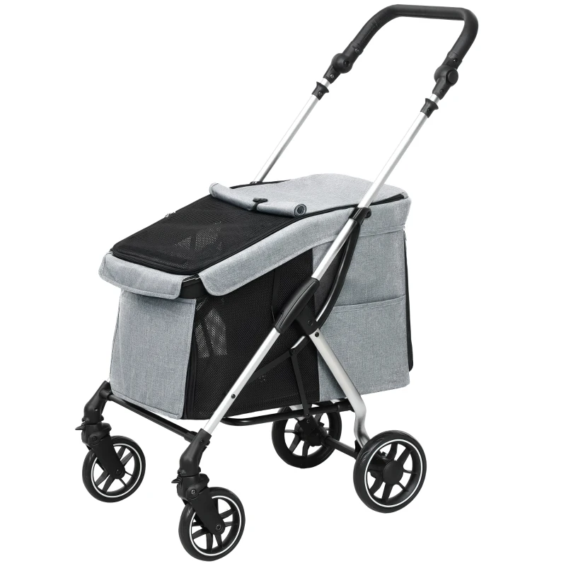 PawHut Carrinho para Cães Dobrável com Correia de Segurança Almofada Lavável e Janelas 80x48,5x106 cm Cinzento Claro