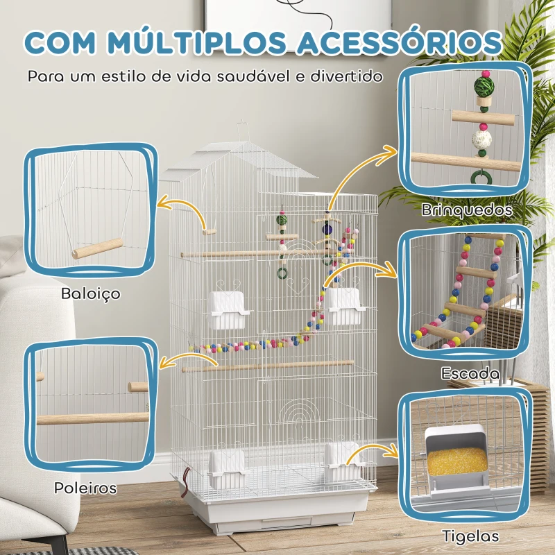 PawHut Gaiola para Passáros de Metal com Portas 4 Comedouros 3 Poleiros Baloiço Escadas e Bandeja Removível  46x36x100 cm Branco