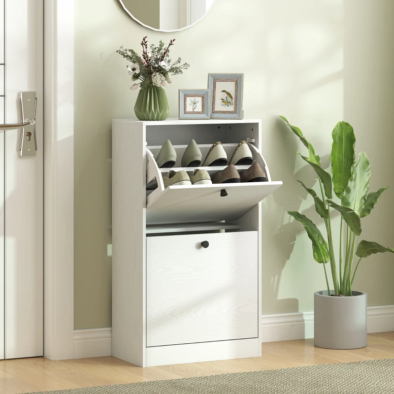 HOMCOM Sapateira Estreita Móvel Sapateira com 2 Gavetas Abatíveis e Prateleiras Ajustáveis para 8 Pares de Sapatos 47x26x85 cm Branco