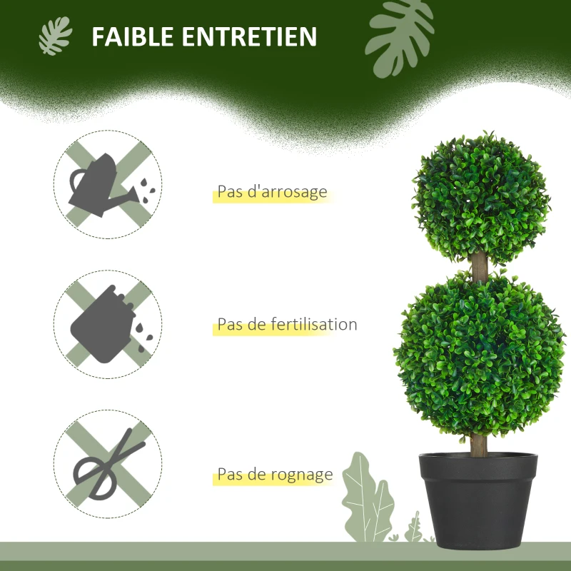 HOMCOM Lot de 2 arbres buis artificiel double boules avec tronc et pot inclus - hauteur 60 cm vert