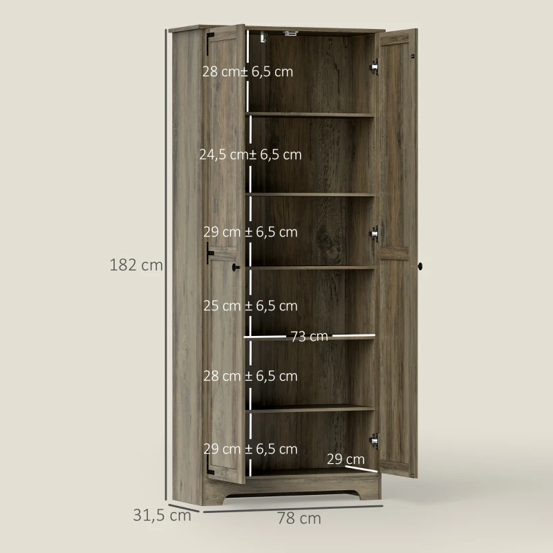 HOMCOM Armário de Cozinha Armário de Arrumação com 2 Portas e Prateleiras Ajustáveis 78x31,5x182 cm Marrom Acinzentado