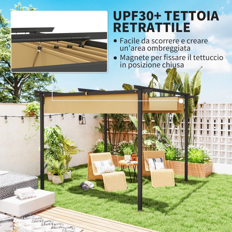 Outsunny Gazebo Pergola 3x3 con Tetto Retrattile e Fori di Drenaggio in Poliestere e Acciaio, Beige e Nero