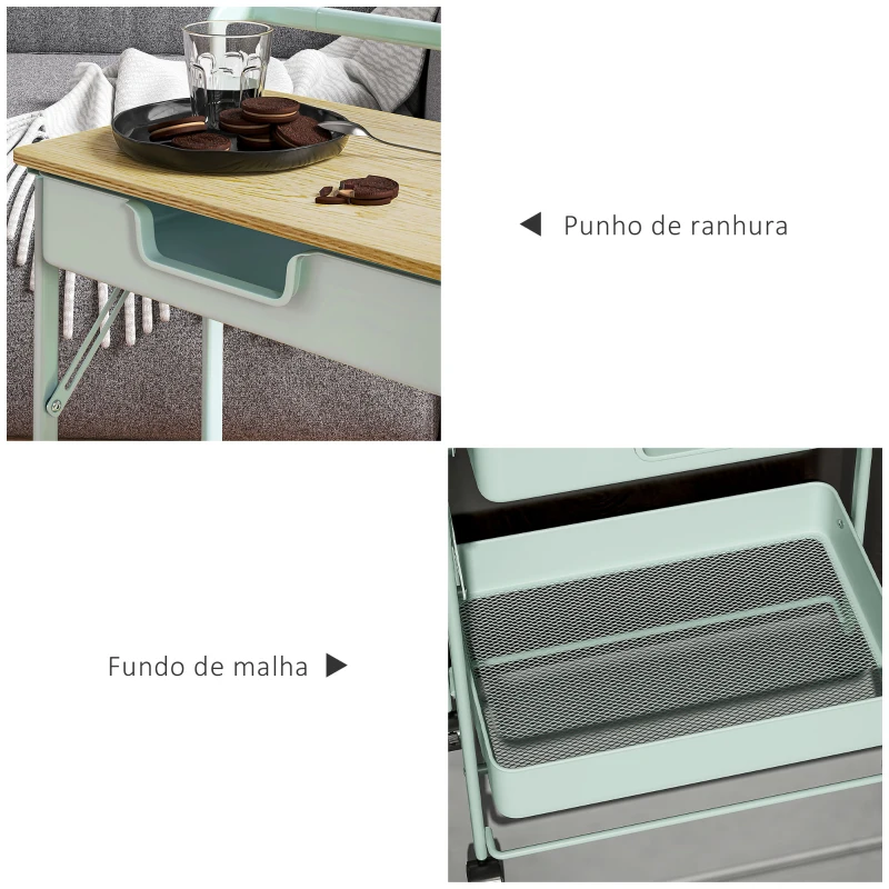 HOMCOM Carrinho Auxiliar com Rodas de 2 Níveis Carrinho de Cozinha com 1 Gaveta e 1 Cesto Carrinho Organizador 45x29,5x68 cm Verde Claro