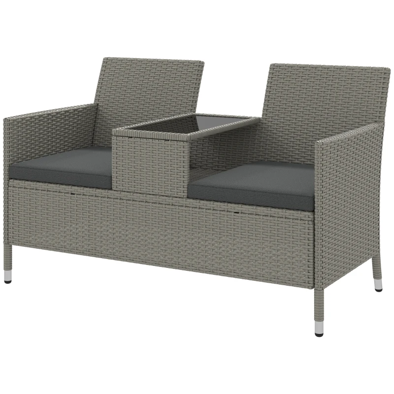 Outsunny 2-Seater PE Rattan Outdoor Garden Bench w/ Centre Table Grey