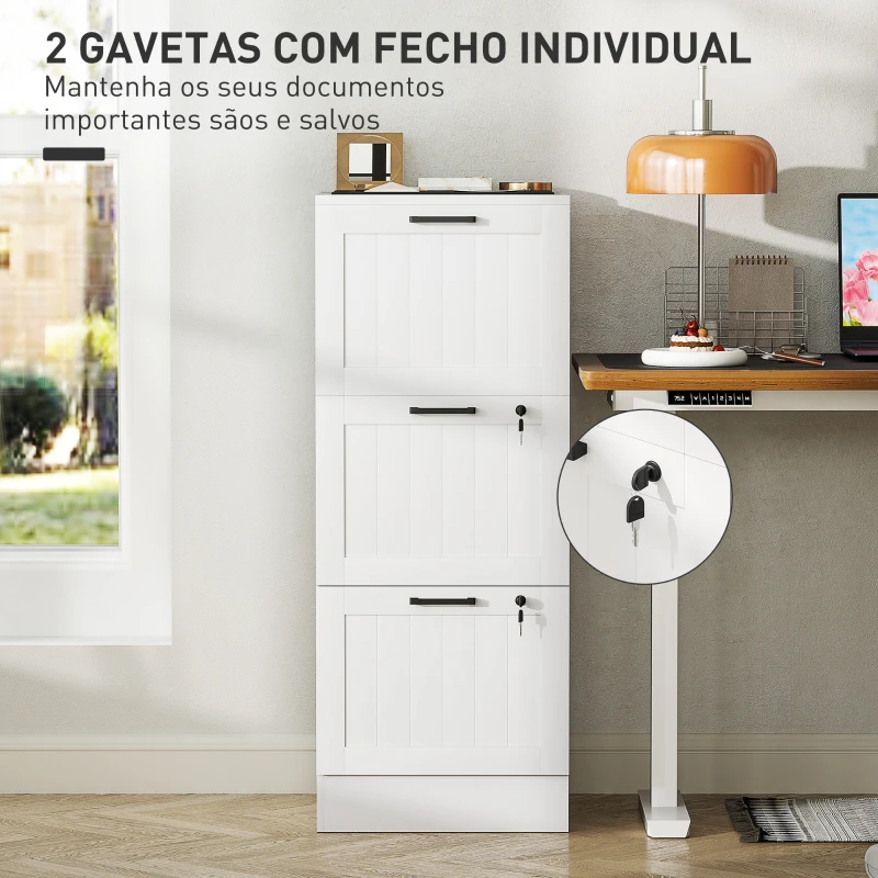HOMCOM Bloco de Gavetas para Escritório com 3 Gavetas para Escritório com Fechaduras Gavetas Suspensas para A4 40x40x101 cm Branco
