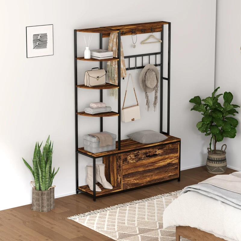 HOMCOM Móvel Cabide de Entrada com Sapateira Móvel de Entrada com Banco Prateleiras e Ganchos  120x35x180 cm Marrom Escuro