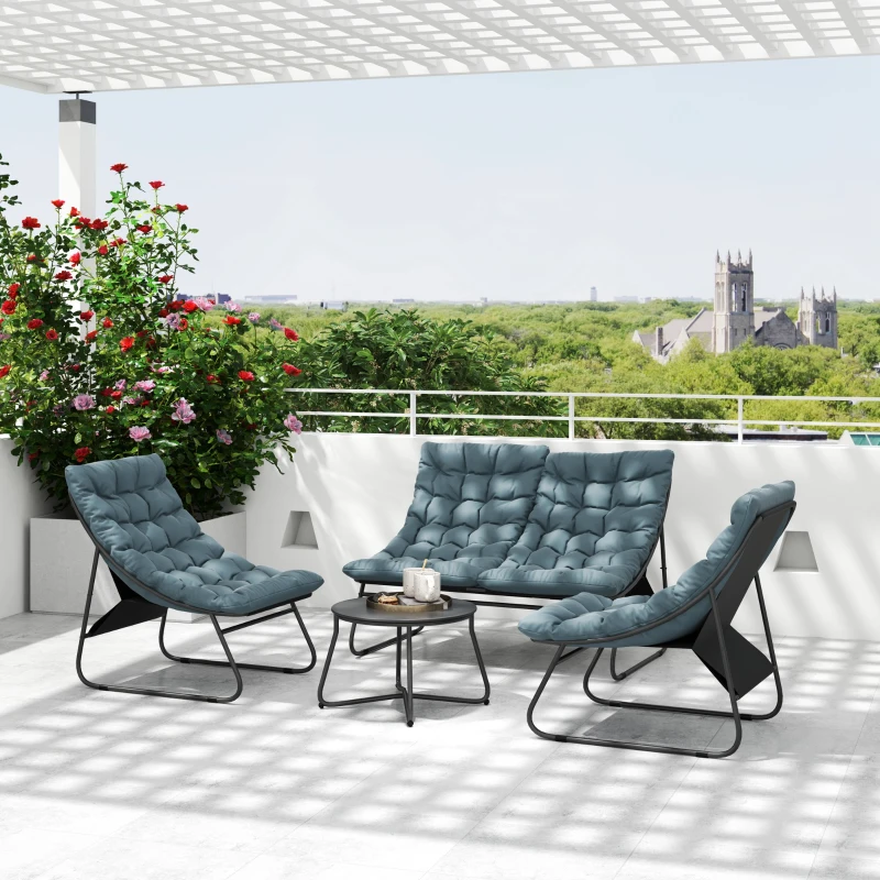 Outsunny Ensemble de meubles de jardin 4 places, 2 chaises, 1 canapé double, 1 table avec une surface en verre, coussins épais, cadre en acier, pour terrasse, Gris