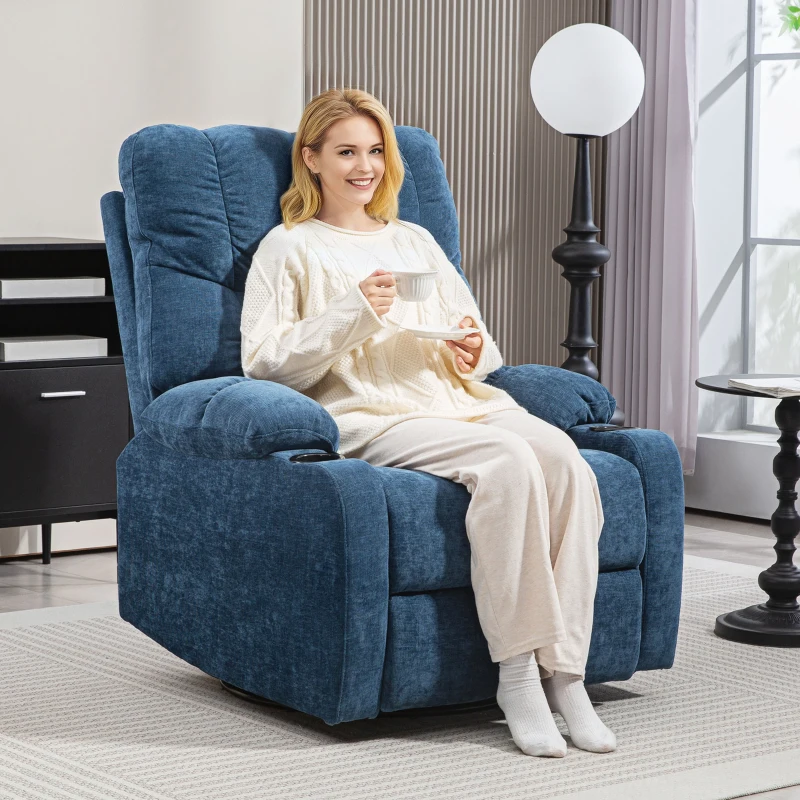 HOMCOM Fauteuil Relaxant avec Repose-pieds, Fauteuil inclinable, pivotant, jusqu'à 150 kg, Cadre en acier, 88x96x108cm, Bleu foncé(m-2)
