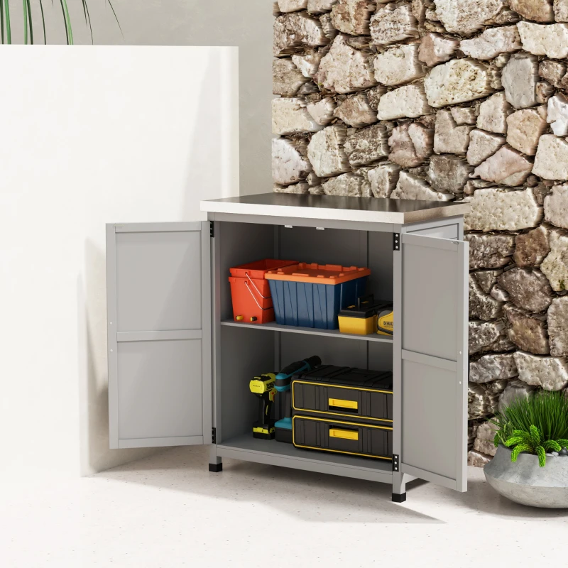 Outsunny Armoire de jardin, armoire extérieure avec plan de travail, armoire à outils, bois massif, acier, 79L x 43l x 92H cm, Gris