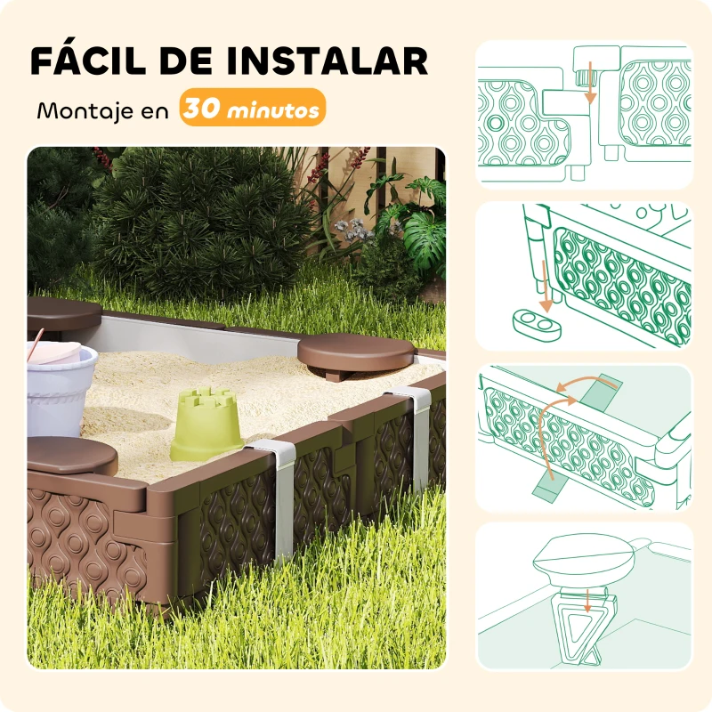 AIYAPLAY Arenero Infantil con 4 Asientos Cubierta Resistente y Diseño Abierto para Jardín Patio o Terraza 119x119x22 cm Marrón