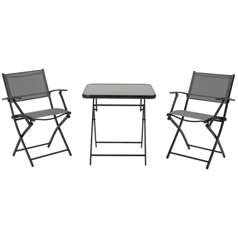 Outsunny Ensemble de jardin pour 2 personnes pliant pour balcon 1 table+2 chaises Set de mobilier de jardin en métal Mesh Noir+Gris