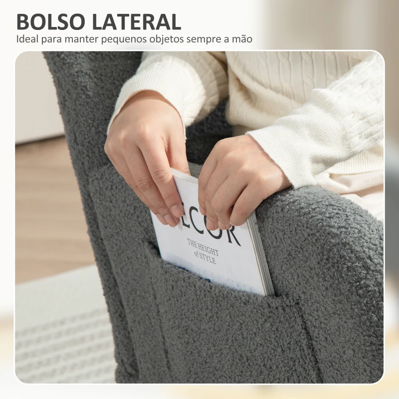 HOMCOM Poltrona Baloiço em Borrego Poltrona para Amamentação com Encosto Acolchoado Almofada e Base de Madeira de Borracha 67x82x100 cm Cinza