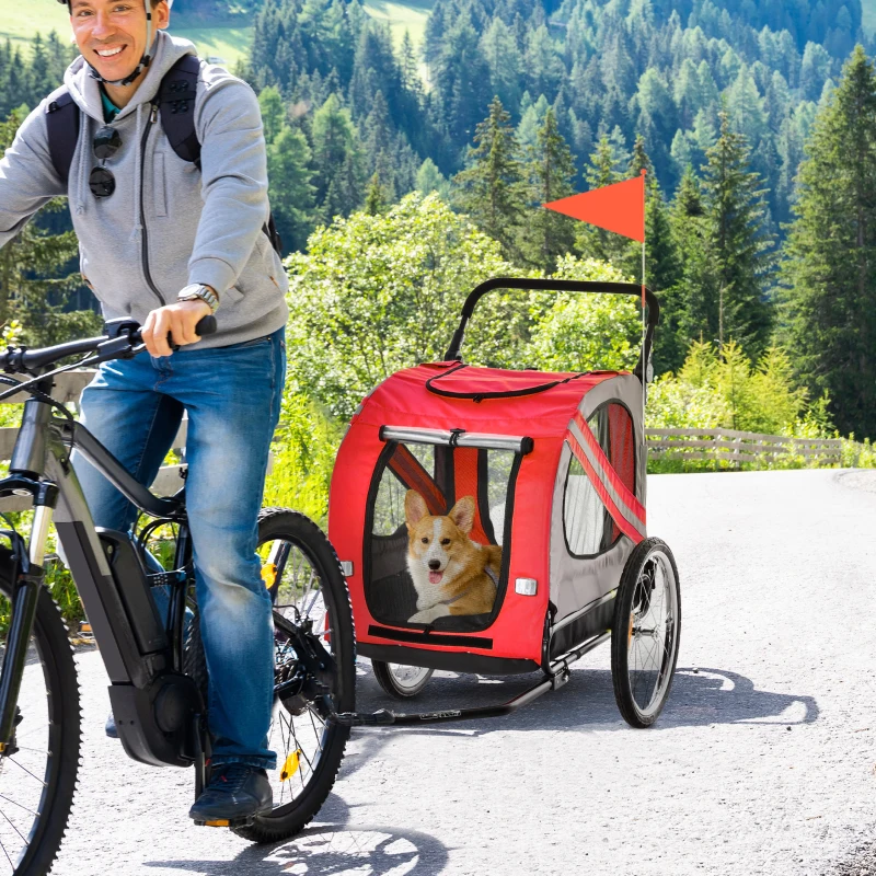 PawHut Reboque Bicicleta para Cães 2 em 1 com Porta Enrolável Janelas Cinto de Segurança e 6 Refletores 140x72,5x108 cm Vermelho