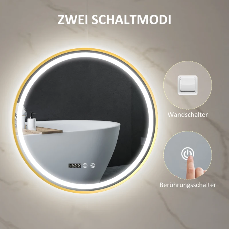 HOMCOM Runder Badezimmerspiegel mit LED-Lichtern, Badspiegel mit Anti-Beschlag-Funktion, Touch-Bedienung, Display