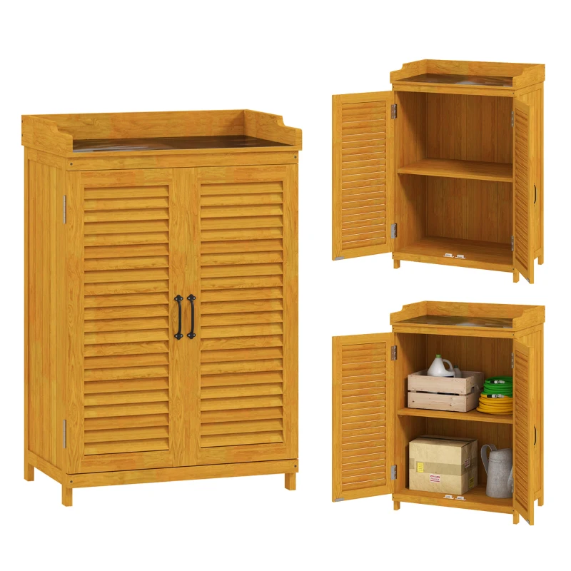 Outsunny Armoire de jardin en bois, cabane à outils avec plan de travail, résistant aux intempéries Armoire à outils, 65,5x40x98,5cm Jaune