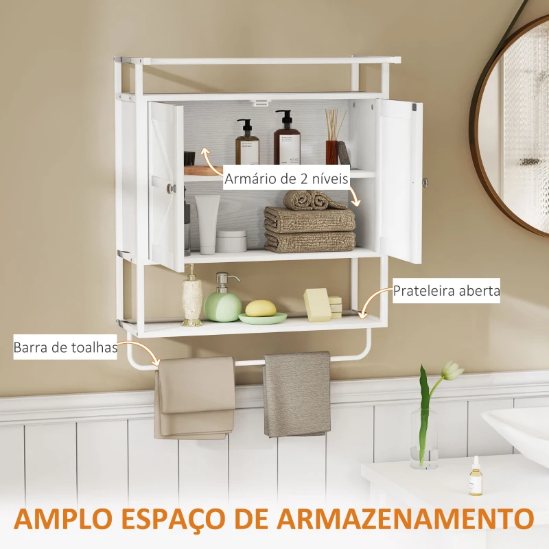 HOMCOM Armário de Parede para Casa de Banho Multiusos com 2 Portas Prateleira e Barra para Toalhas 63x34x75 cm Branco