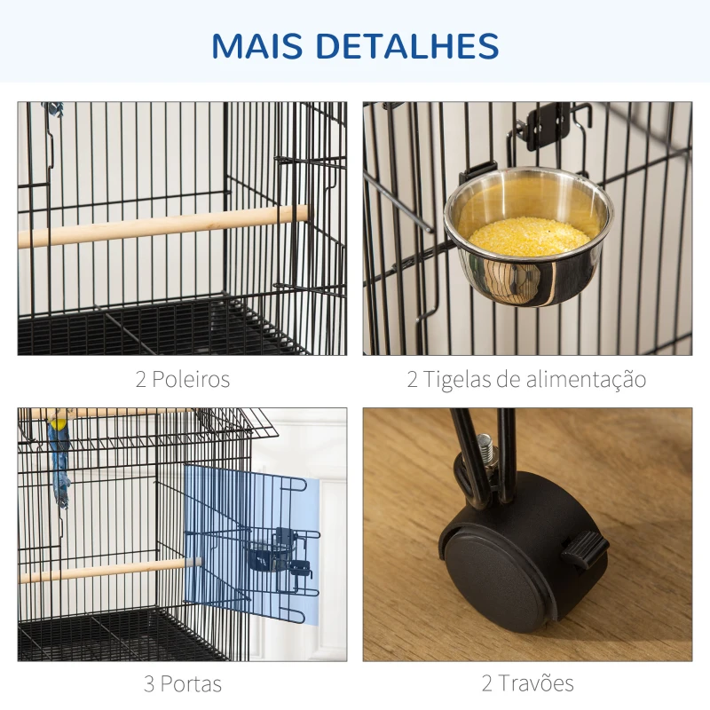 PawHut Gaiola para Pássaros com Rodas Bandeja Amovível Portas Comedouro Poleiro e Prateleira Inferior 50x49x137 cm Preto