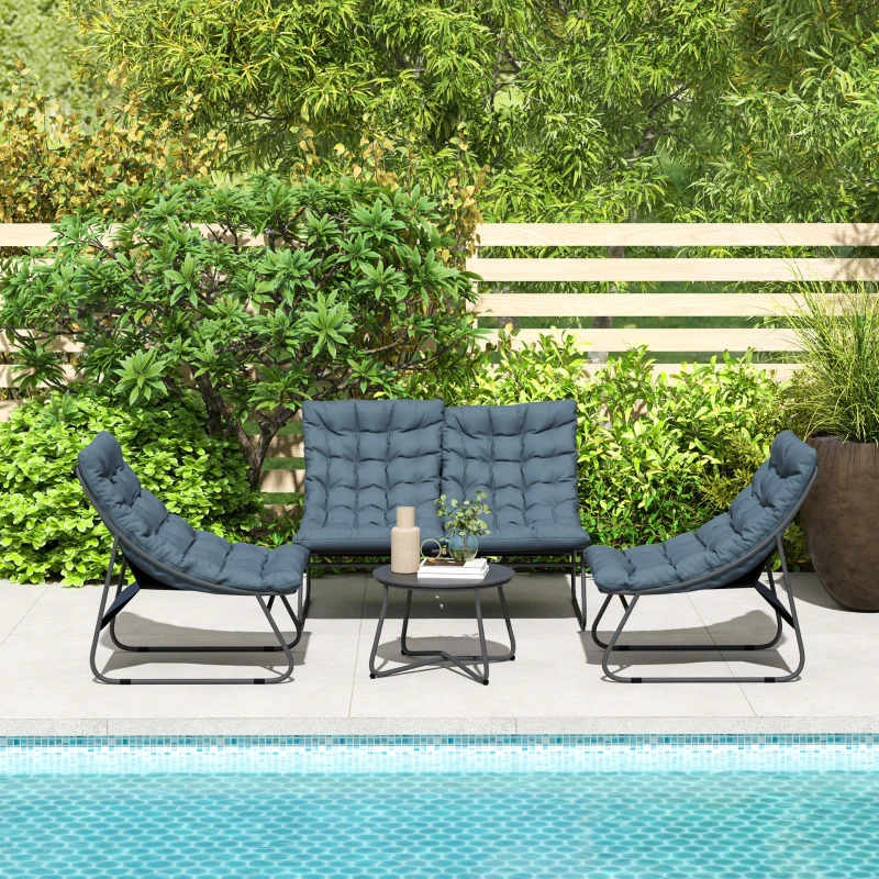 Outsunny Ensemble de meubles de jardin 4 places, 2 chaises, 1 canapé double, 1 table avec une surface en verre, coussins épais, cadre en acier, pour terrasse, Gris
