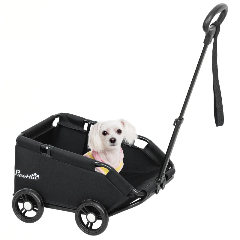 PawHut Carrinho para Cães Dobrável Carrinho para Cães Miniatura com Barra de Empurre Ajustável Desenho Aberto 53x45x28 cm Preto