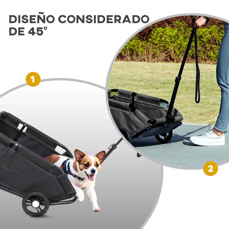 PawHut Cochecito para Mascotas con Barra de Empuje Ajustable Diseño Abierto Cojín y Ruedas 53x45x28 cm Negro
