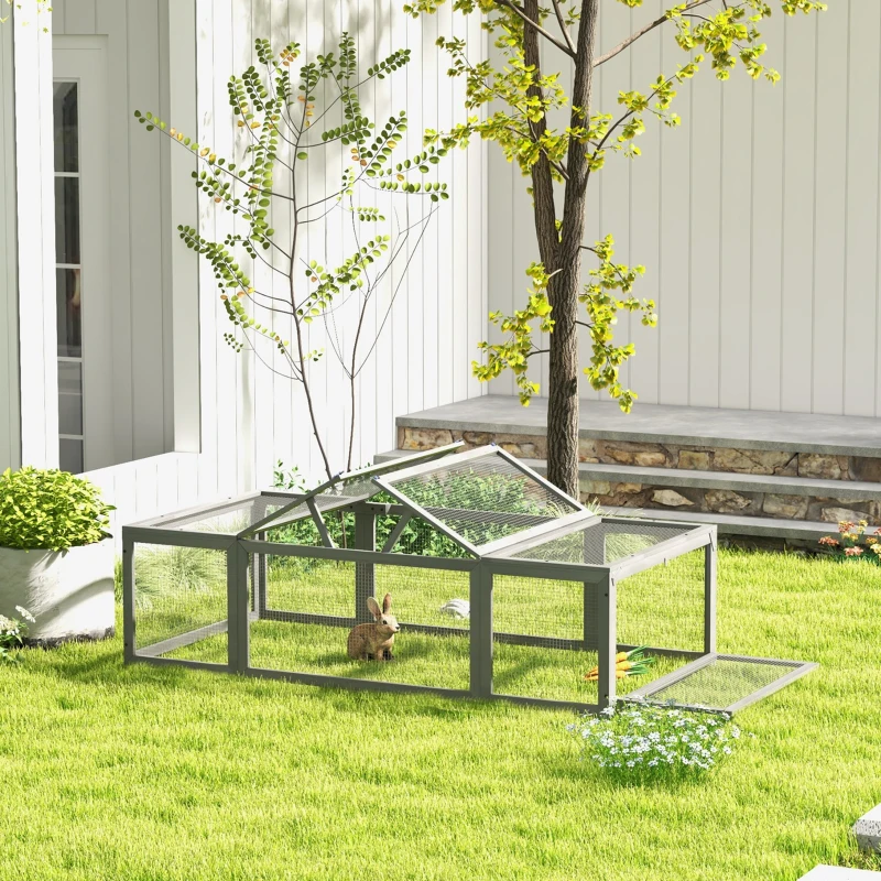 Pawhut Enclos extérieur pour petits animaux Toit ouvrant en bois de sapin Gris