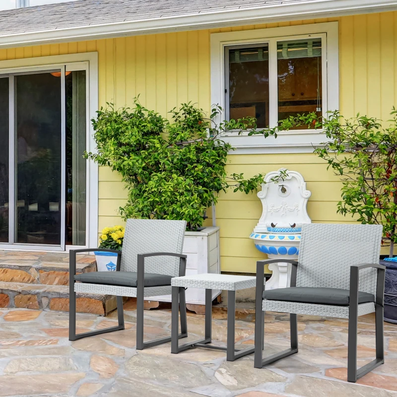 Outsunny Ensemble de sièges en polyrattan pour 2 personnes Ensemble de mobilier de balcon avec table basse avec coussins d'assise en acier Noir + Gris