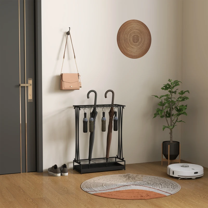 HOMCOM Suporte para Guarda-Chuva Moderno Retangular com 24 Ganchos 21 Espaços e Bandeja Recolhedora de Gotas 50x24x68 cm Preto