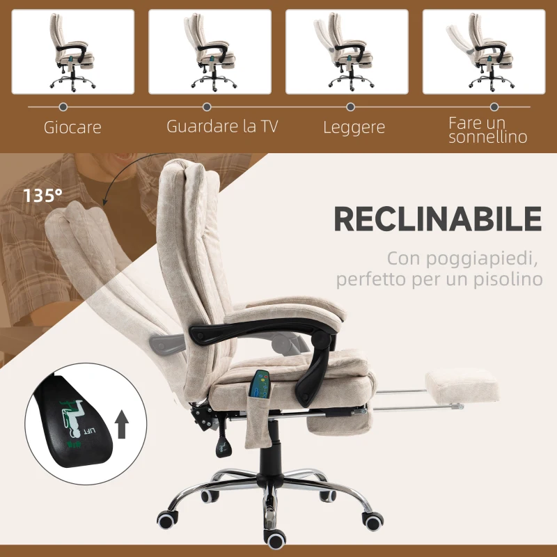 Vinsetto Sedia da Ufficio Massaggiante e Riscaldante con Poggiapiedi, in Microfibra, 62x70x113-120 cm, Crema