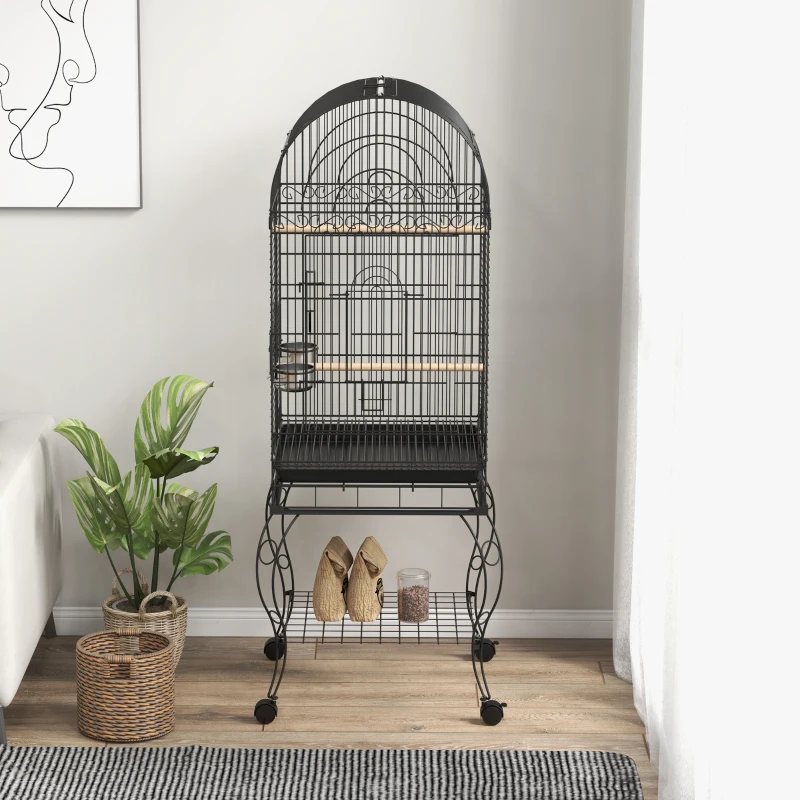 PawHut Gaiola para Pássaros com Rodas Bandeja Amovível Prateleira 2 Comedouros de Aço Inoxidável e Poleiro 51x51x153 cm Preto