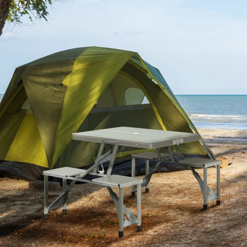 Outsunny Folding Picnic Table with 4 Seats and Umbrella Hole - Grey